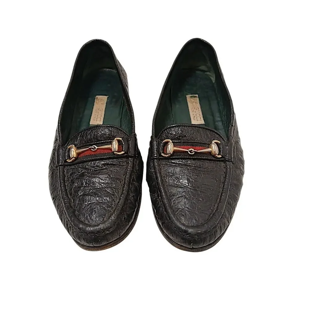 Gucci Horse Bit Loafers Flat‎ Shoes 36 Black Leather Equestrian Red Green Ribbon